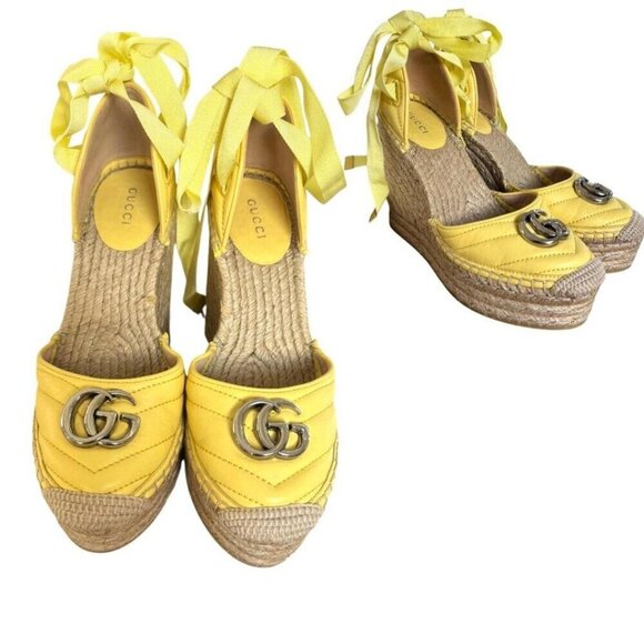 RARE COLOR Gucci Marmont Platform Espadrille Wedges Sandals Banana  7 LIKE NEW - Picture 2 of 7